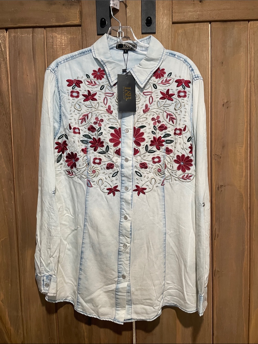 Lucky & Blessed Light Wash Denim Button-Down with Red Floral Embroidery - Picture 2 of 8